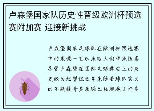 卢森堡国家队历史性晋级欧洲杯预选赛附加赛 迎接新挑战
